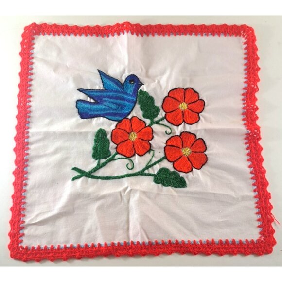 Vintage Needlepoint Centerpiece Orange Daisies Bluebird Crochet Trim Square 18" - Picture 1 of 5